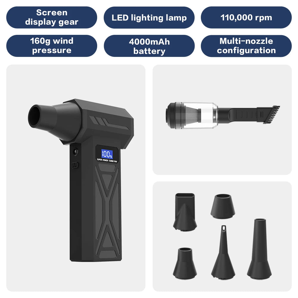 【2025 New】Wireless Jet Fan Brushless Motor Turbo Air Blower for Car Cleaning with LED Light Digital Display Portable Outdoor Use